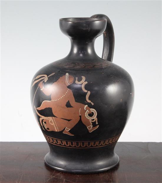 A Staffordshire Greek revival red figure jug, 19th century, 22cm